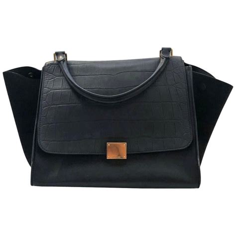 celine black croc effect trapeze bag|CELINE Crocodile Embossed Trapeze Black.